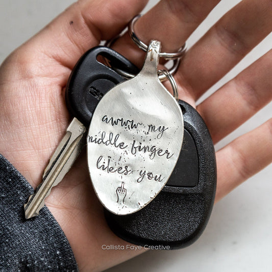 Awww My Middle Finger Likes You, Hand Stamped Vintage Spoon Keychain Keychains callistafaye   