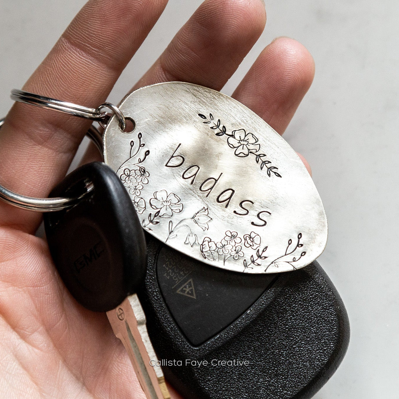 Badass Floral, Hand Stamped Vintage Spoon Keychain Keychains callistafaye   