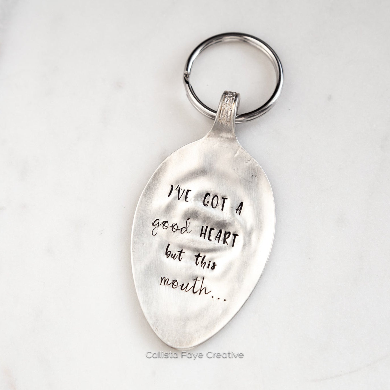 I've Got a Good Heart but This Mouth..., Hand Stamped Vintage Spoon Keychain Keychains callistafaye   